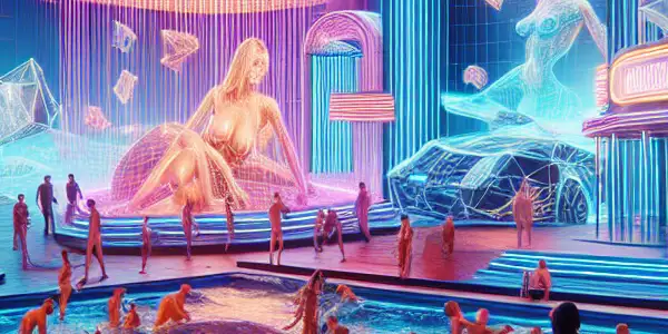 A vibrant futuristic digital landscape with intricate 3D characters and glowing neon lights, creating an immersive interactive experience.