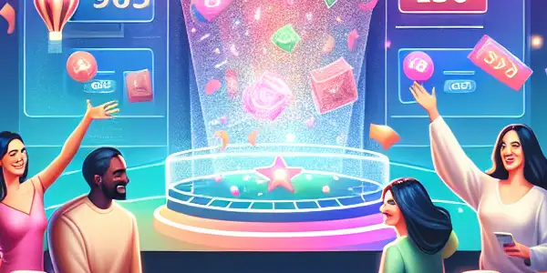 A lively online adult lottery event featuring diverse participants around a modern computer, with confetti and animated prizes.