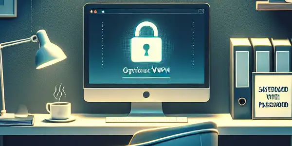 A cozy home office with a locked computer, encrypted cloud symbol, and privacy tips on a notepad.