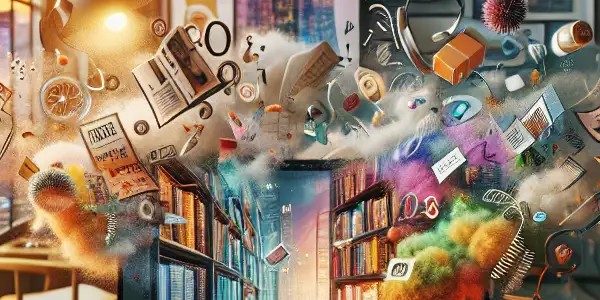 A vibrant modern workspace with a laptop, colorful notes, and a bookshelf, symbolizing creativity and innovation in learning.