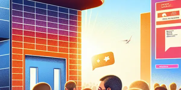 A bustling cinema ticket booth scene with diverse people expressing emotions about refund policies and ticket transfers.