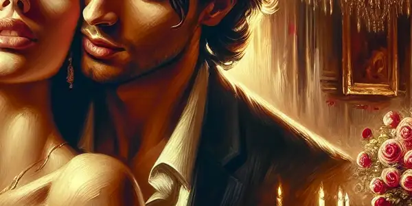 A romantic embrace between a handsome man and a beautiful woman in an intimate, elegantly lit room.