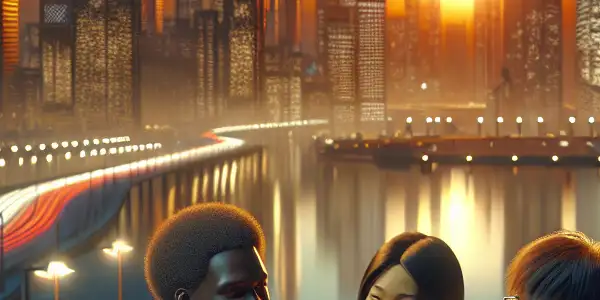 A vibrant urban skyline at dusk with diverse characters interacting amidst neon lights and a lively atmosphere.