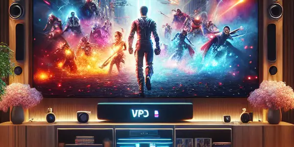 A cozy modern living room with a plush couch, large screen showing an action movie, and film memorabilia.