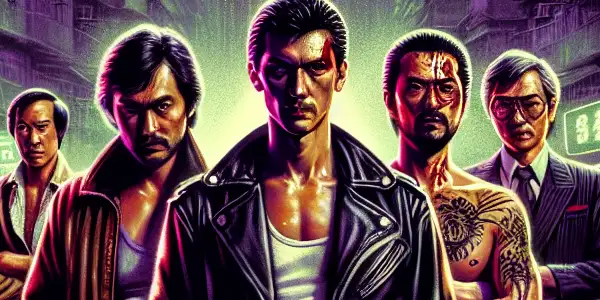Seven brothers in a gritty Hong Kong alley, poised for confrontation amidst neon lights and urban chaos.
