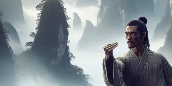 Zhang Sanfeng in traditional robes poses on Wudang Mountain, facing a menacing antagonist, while a determined female character observes.