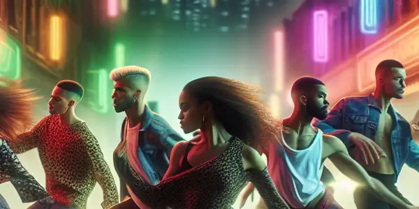 A vibrant urban street scene at night with diverse dancers performing passionately under colorful neon lights.