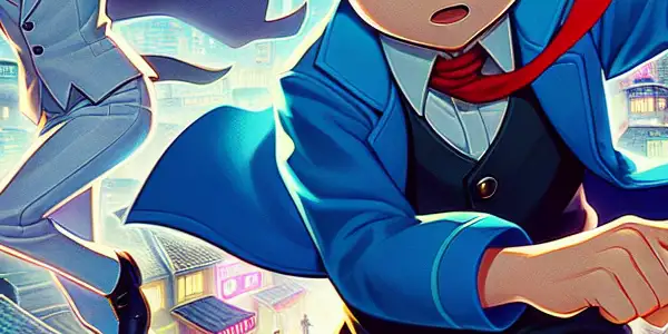 A young detective chases a mysterious thief across a neon-lit Tokyo cityscape at night.