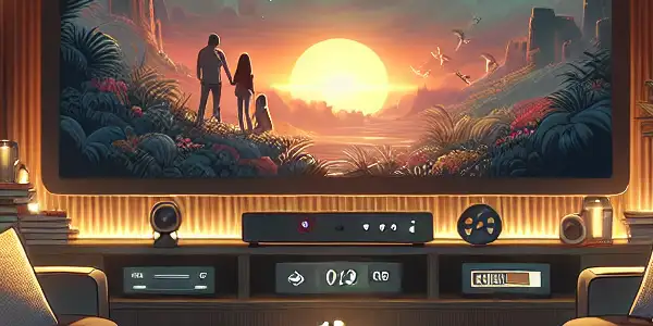 A cozy home cinema with plush seating, a large screen, popcorn, and movie posters, perfect for late-night viewing.