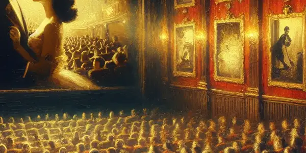 A vintage theater scene with a captivated audience watching a classic film, featuring Nozomi Kawai's movie posters.