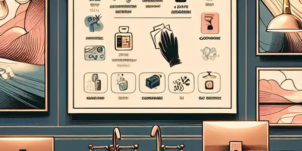 A modern adult entertainment setting emphasizing hygiene with cleaning supplies, a digital screen, and informative tips.