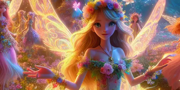 A brave girl and whimsical flower fairies in a magical forest, facing dark forces with friendship and courage.