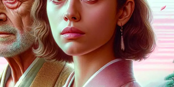 A middle-aged man and a young woman stand beneath a cherry blossom tree in a serene Japanese garden, expressing complex emotions.