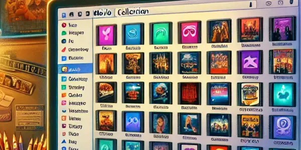 A cozy home office with a computer displaying a colorful movie collection, vintage film decor, and a night sky view.