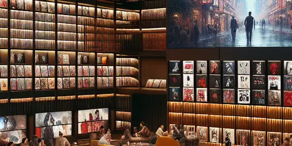 A modern digital library showcasing adult film resources, featuring colorful DVD cases, plush seating, and a large screen displaying a film.