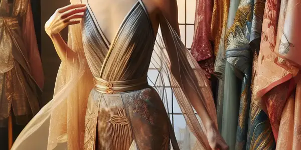 A model in an elegant dressing room trying on luxurious AV costumes surrounded by soft lighting and Japanese cultural elements.