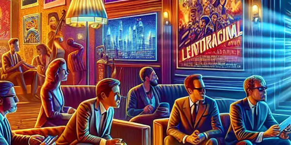 A diverse group of individuals discussing adult films in a cozy, modern virtual room filled with eclectic decor.