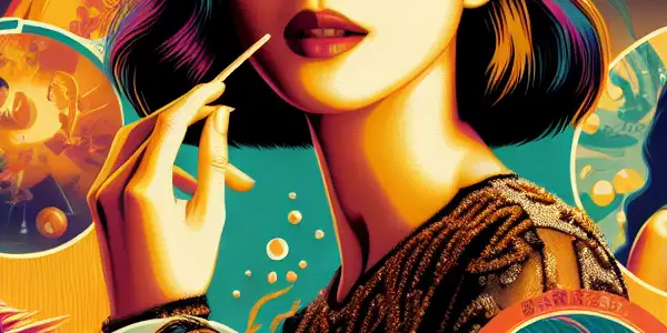 A glamorous woman embodies Zhong Liti, surrounded by mythical underwater scenes, cityscapes, and playful comedic elements.