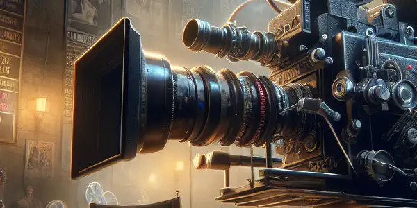 A vintage film set featuring a large camera, colorful film reels, and iconic movie posters, illuminated by dramatic lighting.