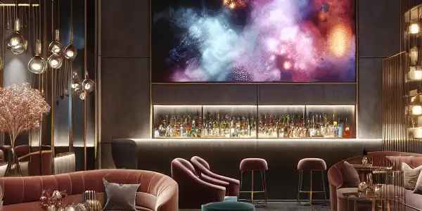 A luxurious adult entertainment lounge with plush seating, ambient lighting, and a vibrant screen displaying adult content.