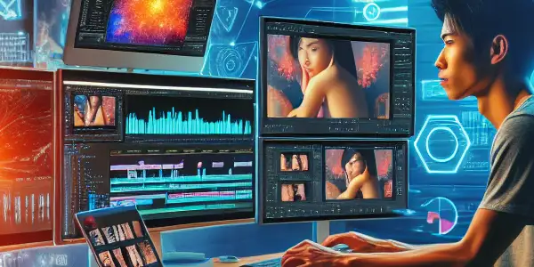 A focused young Asian content creator in a modern home office, surrounded by tech and adult film-themed decor.