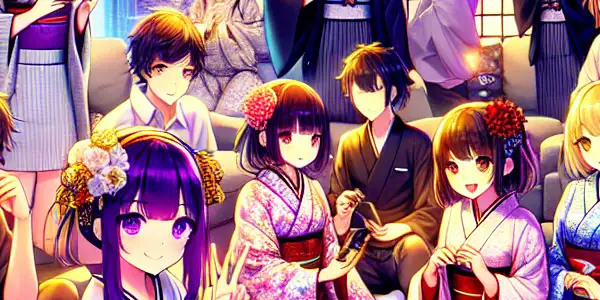 A lively Japanese room with young adults joyfully interacting with a large screen displaying vibrant AV visuals.