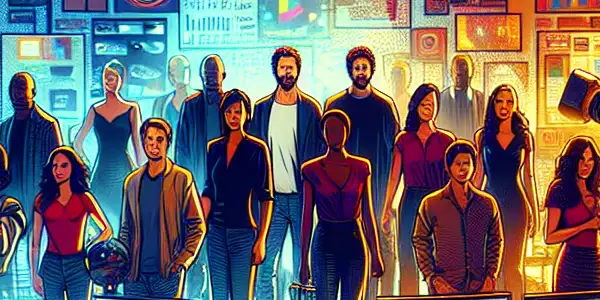 A diverse group of creators collaborates in a studio, planning adult video submissions with modern equipment and vibrant mood boards.