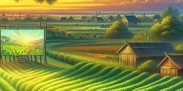 A family enjoying an outdoor movie night amidst a serene rural landscape with vibrant mulberry leaves and a picturesque village.