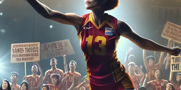 A determined female volleyball player spikes the ball in a vibrant arena, while Coach Lang Ping encourages her team.