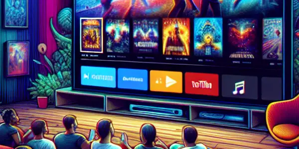A cozy home theater scene with friends enjoying a movie, featuring a large TV, snacks, and streaming app interface.