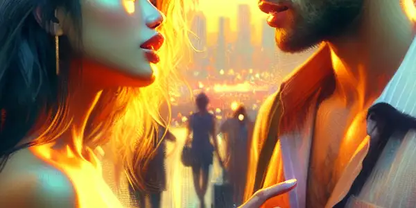 A romantic urban scene at dusk featuring a man and woman engaged in an intimate conversation amidst city lights.