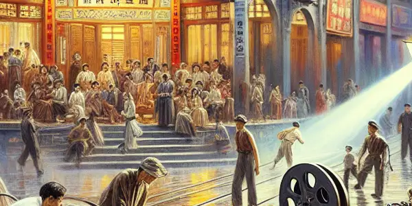 A lively 1950s Pearl River Film Studio scene with actors in traditional costumes, vintage film equipment, and colorful movie posters.