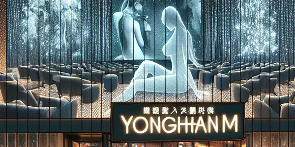 A modern adult cinema with a neon-lit facade, cozy private screening rooms, and a vibrant nightlife atmosphere.