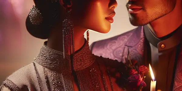 A couple embraces in a luxurious, dimly lit room, surrounded by plush cushions and ambient candlelight.