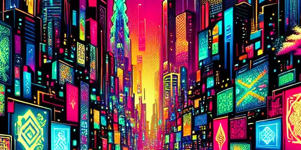 A vibrant cityscape at night showcasing diverse people exploring adult entertainment in a safe, modern, and whimsical environment.