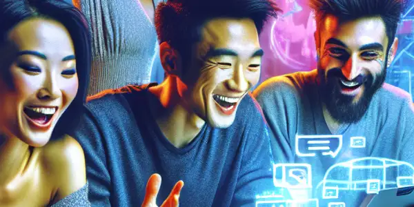 A diverse group of young creators in a modern workspace, enthusiastically preparing adult content for rapid online submission.