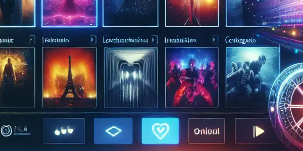 A futuristic online adult film platform featuring colorful thumbnails, a glowing search bar, and inviting neon lights.