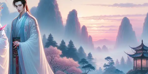 A romantic scene with two ethereal figures amidst blooming peach blossoms and a serene river at sunset.