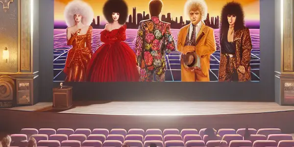 A nostalgic 1980s cinema scene with plush red seats, a glowing screen, and an engaged audience.<a href=