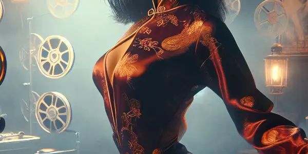 A vibrant film studio scene featuring a confident actress resembling 翁虹 in a traditional martial arts outfit, evoking 1980s Hong Kong cinema.