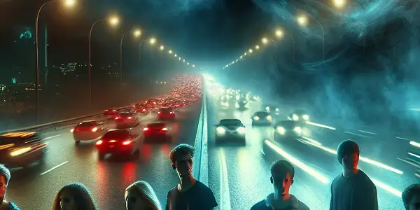 A tense scene on a dark highway with fearful young adults and a looming shadowy figure representing Death.