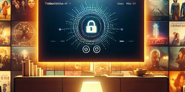 A cozy home setting featuring a luxurious couch and a screen displaying diverse adult film thumbnails.