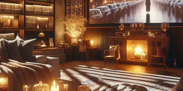 A stylish modern living room with a vintage projector showcasing a classic adult film and cozy decor.