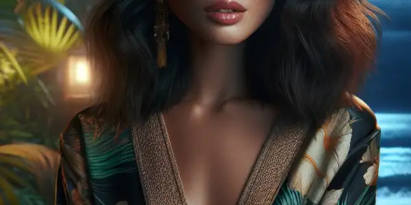 Maria Ozawa in an elegant outfit amidst a tropical night film set, blending Eastern and Western aesthetics.