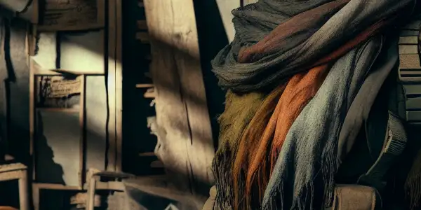 A determined woman in survival gear stands in an eerie, abandoned cabin, surrounded by shadows and hints of danger.