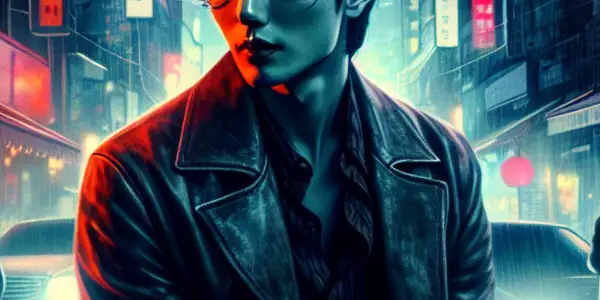A brooding male protagonist in a leather jacket stands in neon-lit Seoul, surrounded by blurred intimate silhouettes.