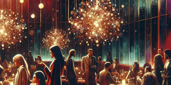 A luxurious lounge filled with stylish individuals engaging in lively conversation and exploring adult entertainment themes.