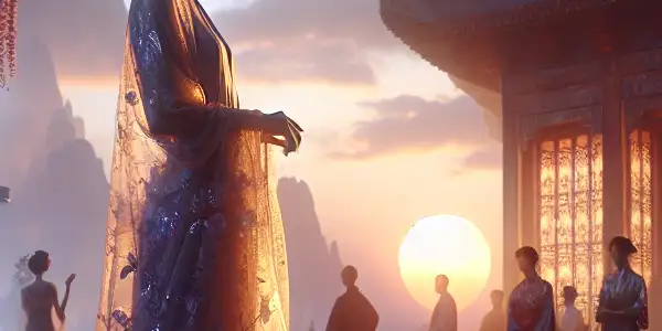 A serene female figure in elegant pose, partially draped, set against a historical backdrop with soft, warm lighting.