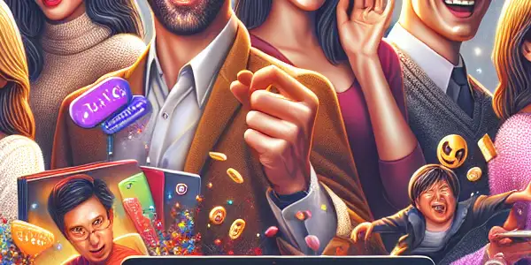 A vibrant online marketplace promoting adult entertainment discounts, featuring diverse characters excitedly engaging with devices amidst colorful banners.