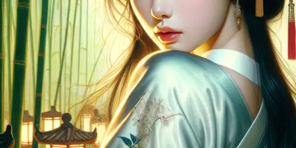 A young woman in traditional Korean attire stands in a lush bamboo forest, radiating mystery and sensuality.